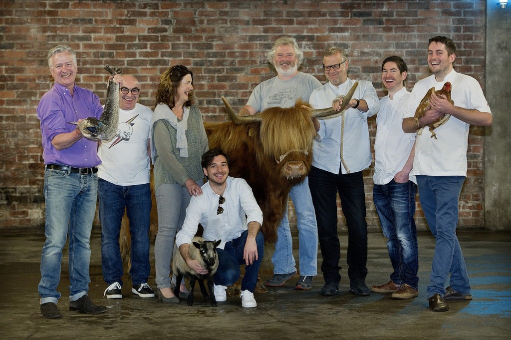 Some of Glasgow's top chefs gathered to announce Let's Eat Glasgow 2016 left to right with Suzie the Highland cow: Seumas MacInnes, Guy Cowan, Carol Wright,  Chris Charalambous, Colin Clydesdale, John MacLeod, Peter McKenna, Jonathan MacDonald. 