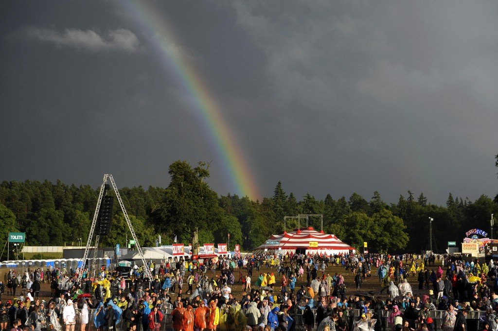 A rainbow seen over the main arena on the second day of the 2016 T In The Park Festival at Strathallan Castle in Perthshire. 9/7/16 Pictures © Andy Buchanan 2016