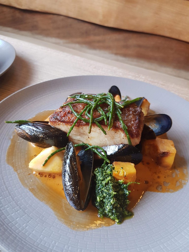 Baked Cod roast squash, mussell, samphire and langoustine bisque, salsa verde