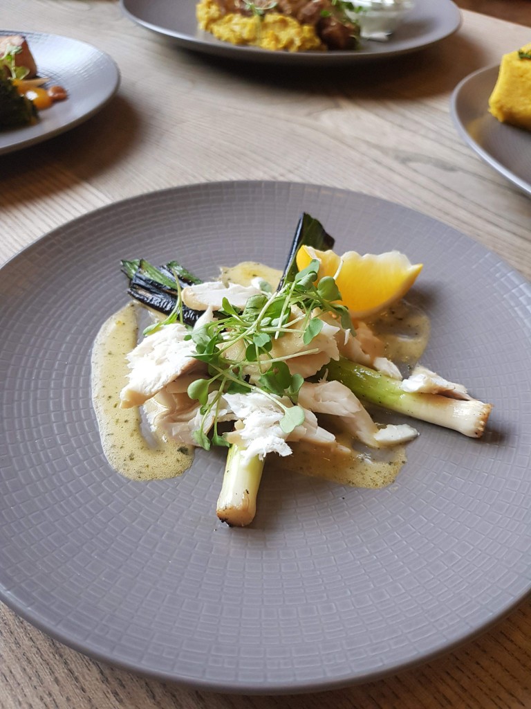 House Smoked Halibut with seaweed Hollandaise, charred leek