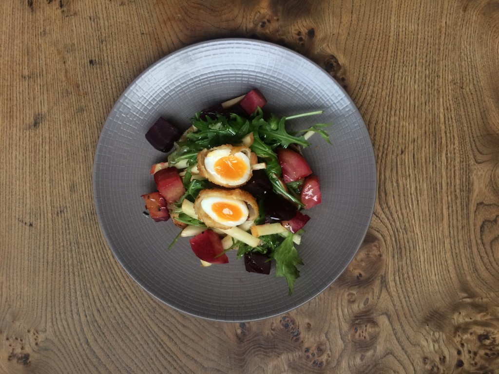 Smoked Beetroot with panko quail's egg, apple, sourdogh and rocket